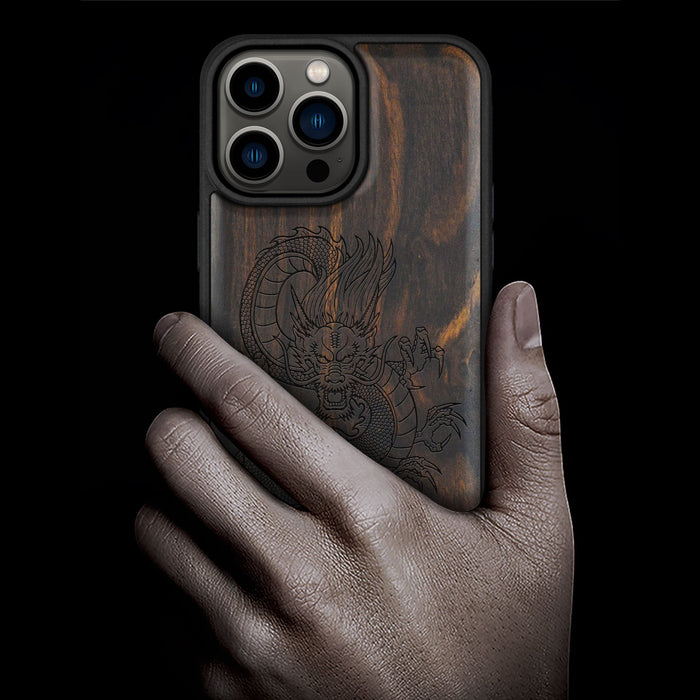 The Oriental Dragon, Classic Engraved Wood & TPU Case - Artisanal Cover for Apple iPhone