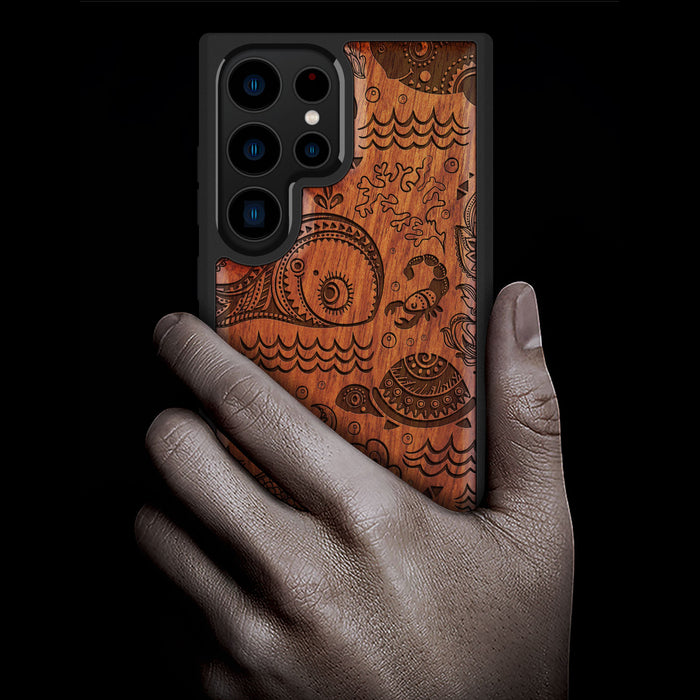 A Marine Mosaic, Classic Engraved Wood & TPU Case - Artisanal Cover for Samsung Galaxy