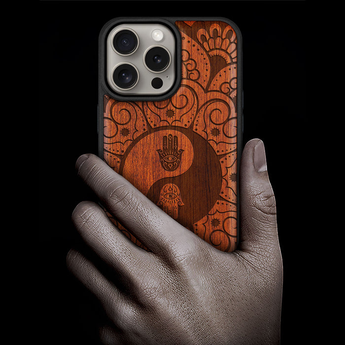 The Hamsa Yin-Yang Mandala, Classic Engraved Wood & TPU Case - Artisanal Cover for Apple iPhone