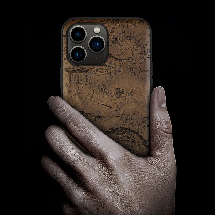 An Intricate Chinese Landscape, Classic Engraved Wood & TPU Case - Artisanal Cover for Apple iPhone