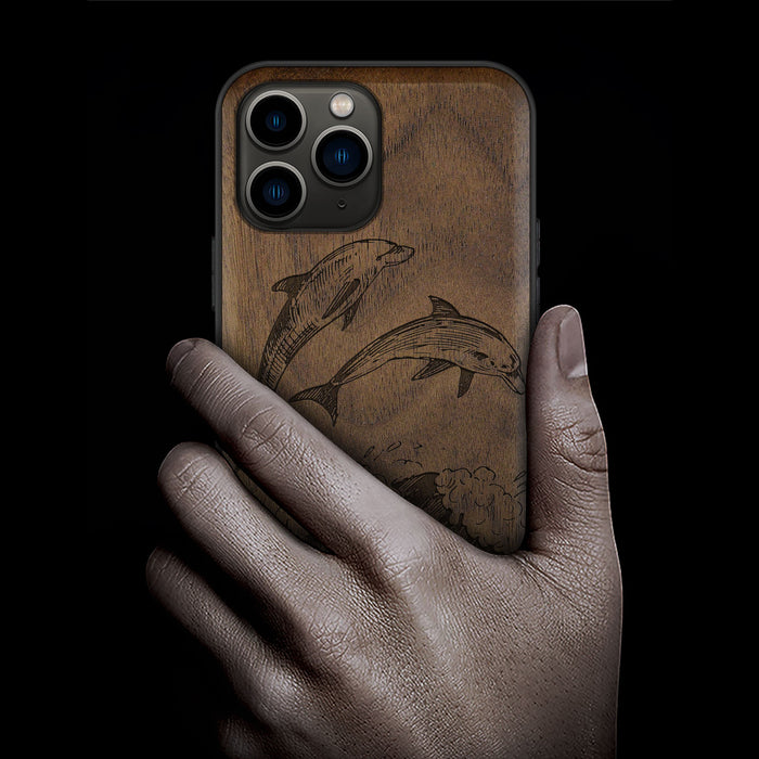 Dual Dolphins in the Waves, Classic Engraved Wood & TPU Case - Artisanal Cover for Apple iPhone