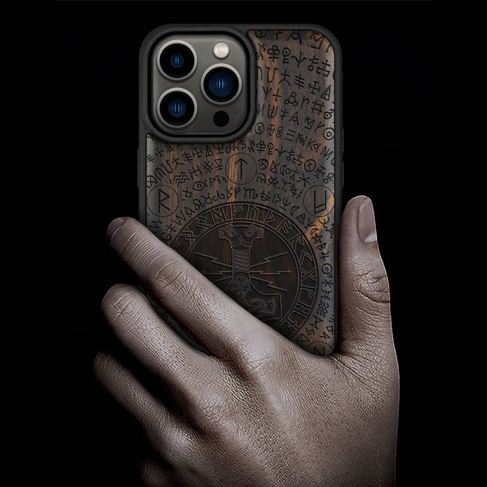 Mjölnir and the Runes, Classic Engraved Wood & TPU Case - Artisanal Cover for Apple iPhone