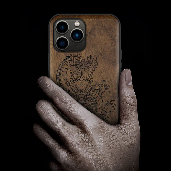 The Oriental Dragon, Classic Engraved Wood & TPU Case - Artisanal Cover for Apple iPhone