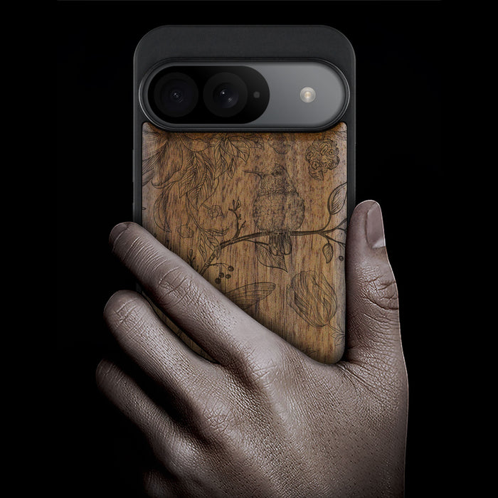 A Dance of Flora and Avian, Classic Engraved Wood & TPU Case - Artisanal Cover for Google Pixel