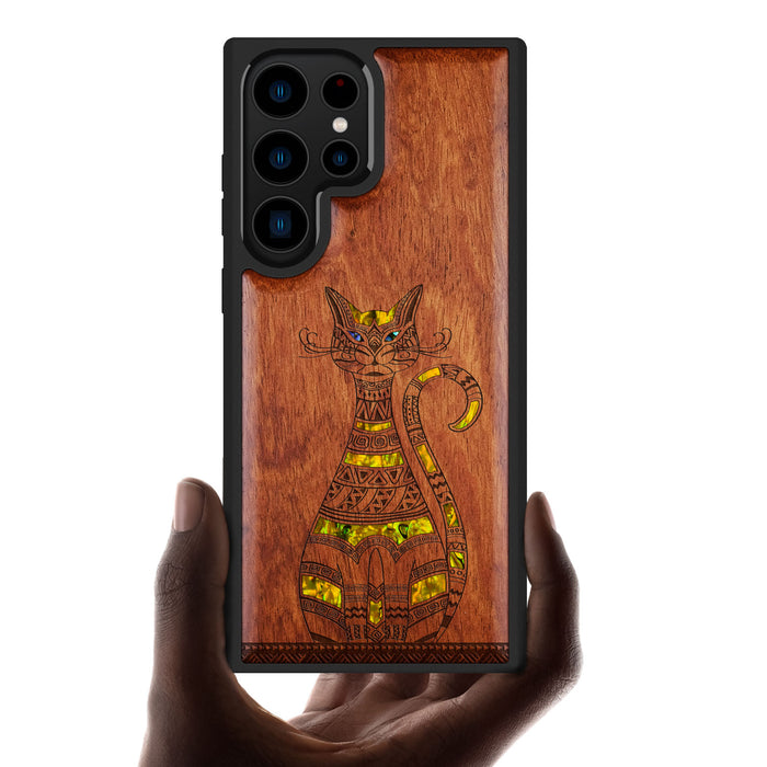 Tribal Cat Art, Hand-Inlaid Wood & Mother of Pearl Case - Artisanal Cover for Samsung Galaxy