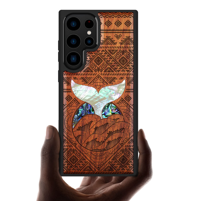 The Whale's Song Amidst Aztec Waves, Hand-Inlaid Wood & Mother of Pearl Case - Artisanal Cover for Samsung Galaxy