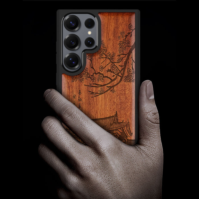 The Ancient Temple Amidst Cherry Blossoms, Classic Engraved Wood & TPU Case - Artisanal Cover for Samsung Galaxy