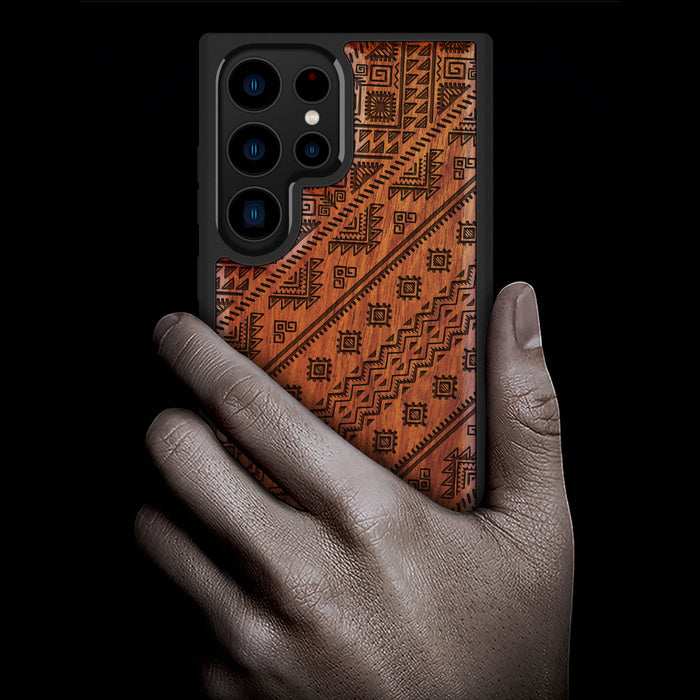 Aztec Geometric Harmony, Classic Engraved Wood & TPU Case - Artisanal Cover for Samsung Galaxy