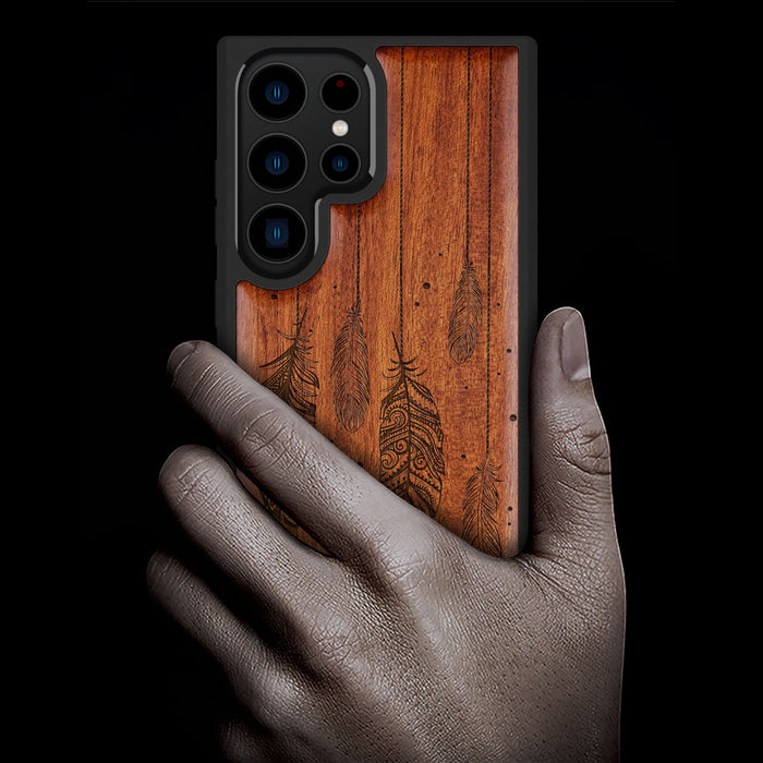 The Feathered Tapestry, Classic Engraved Wood & TPU Case - Artisanal Cover for Samsung Galaxy