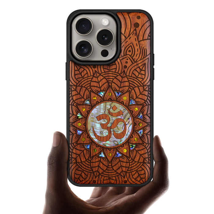 Harmony's Whisper Mandala, Hand-Inlaid Wood & Mother of Pearl Case - Artisanal Cover for Apple iPhone