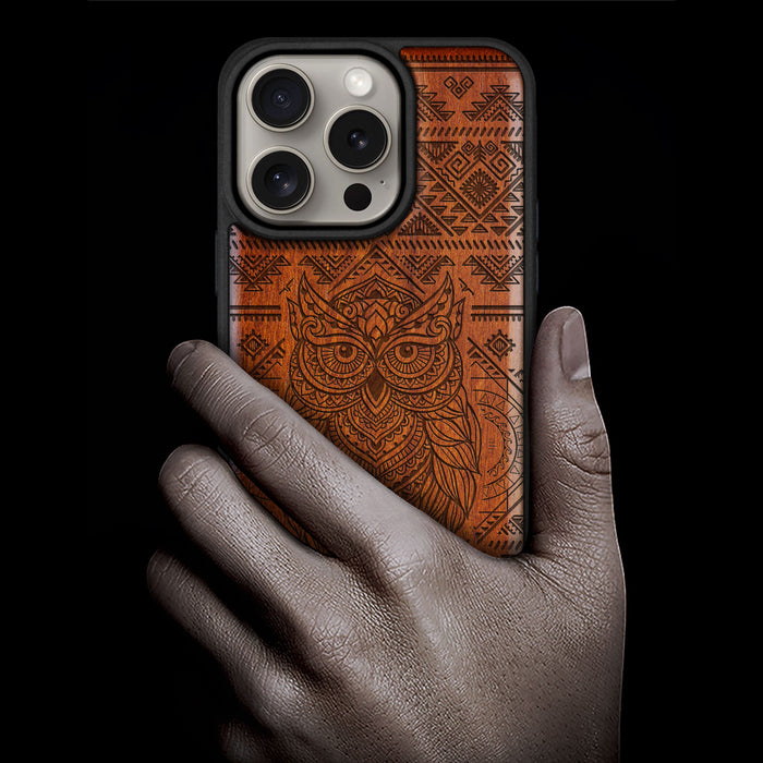 The Owl Mandala, Classic Engraved Wood & TPU Case - Artisanal Cover for Apple iPhone