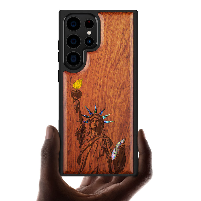 Statue of Liberty, Hand-Inlaid Wood & Mother of Pearl Case - Artisanal Cover for Samsung Galaxy