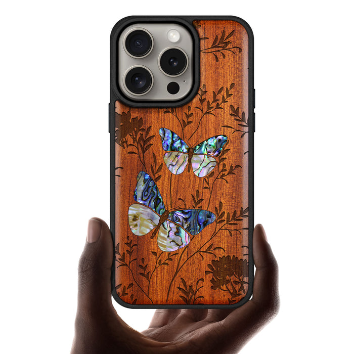 A Dance of Nature, Hand-Inlaid Wood & Mother of Pearl Case - Artisanal Cover for Apple iPhone