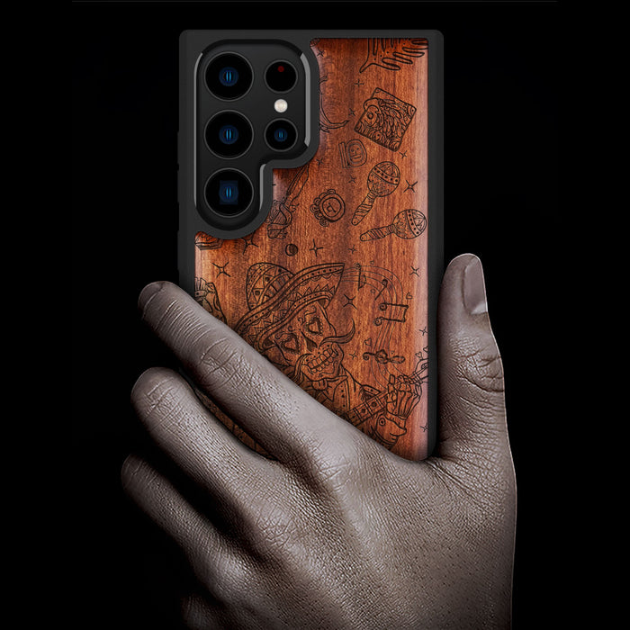 Skeleton Guitarist, Classic Engraved Wood & TPU Case - Artisanal Cover for Samsung Galaxy