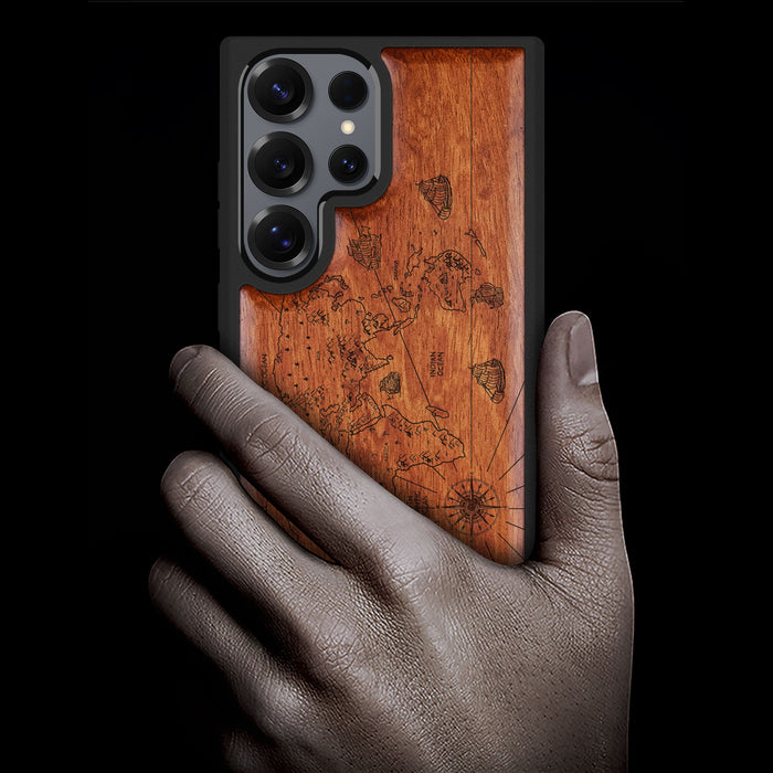 Physical World Map with Antique Travel Ship, Classic Engraved Wood & TPU Case - Artisanal Cover for Samsung Galaxy