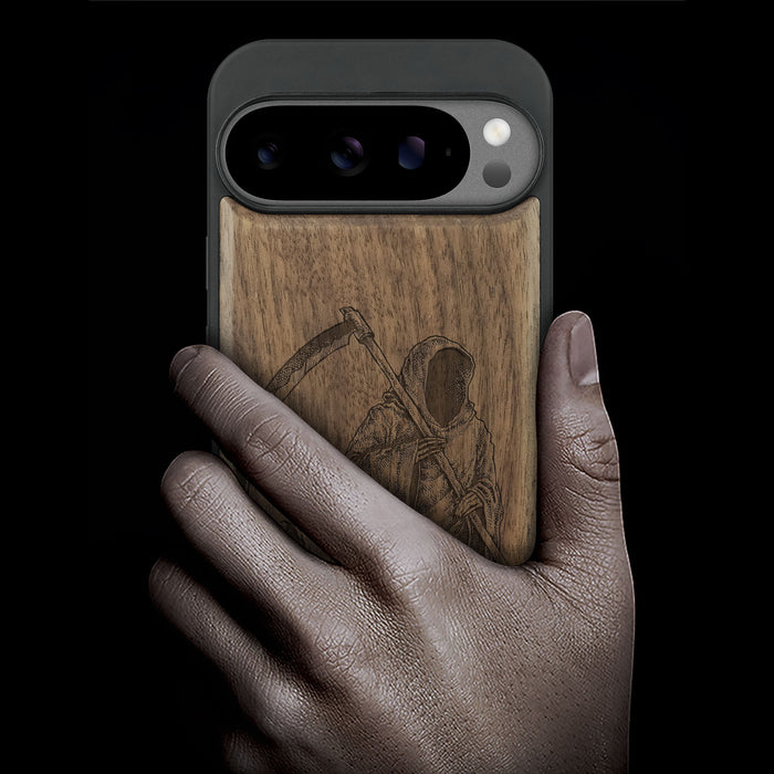 The Grim Reaper, Classic Engraved Wood & TPU Case - Artisanal Cover for Google Pixel