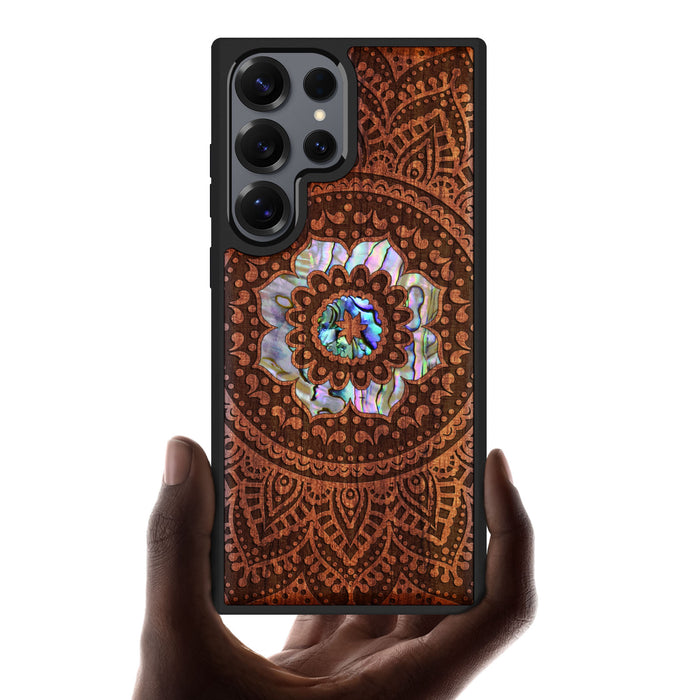 The Indian Floral Mandala, Hand-Inlaid Wood & Mother of Pearl Case - Artisanal Cover for Samsung Galaxy