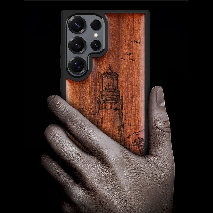 The Lighthouse, Classic Engraved Wood & TPU Case - Artisanal Cover for Samsung Galaxy