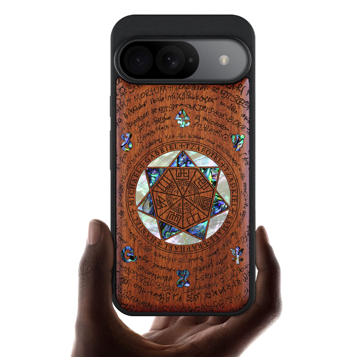 The Sacred Seals, Hand-Inlaid Wood & Mother of Pearl Case - Artisanal Cover for Google Pixel