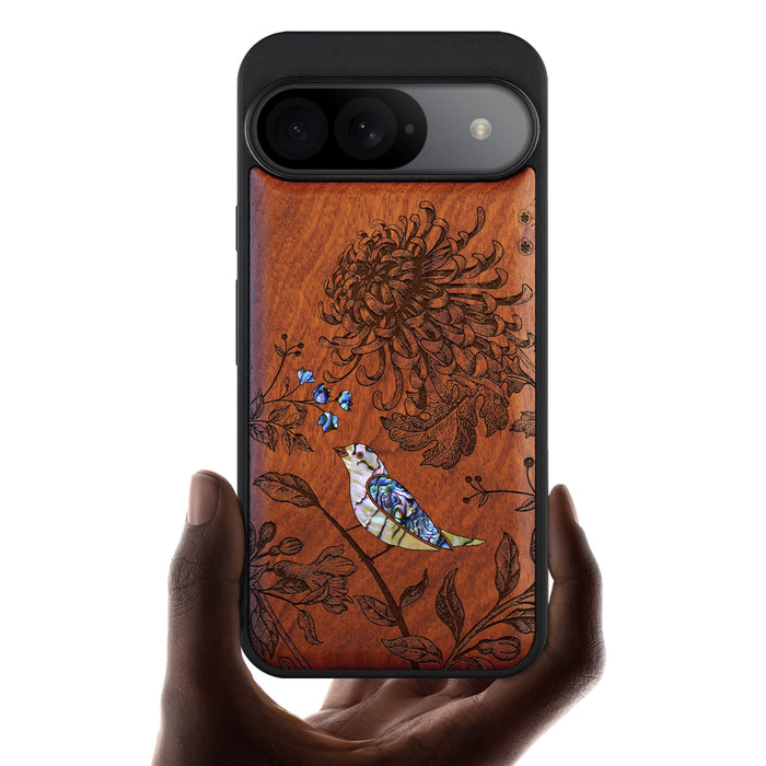 The Chrysanthemum and the Songbird, Hand-Inlaid Wood & Mother of Pearl Case - Artisanal Cover for Google Pixel