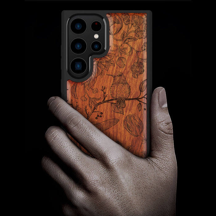 A Dance of Flora and Avian, Classic Engraved Wood & TPU Case - Artisanal Cover for Samsung Galaxy