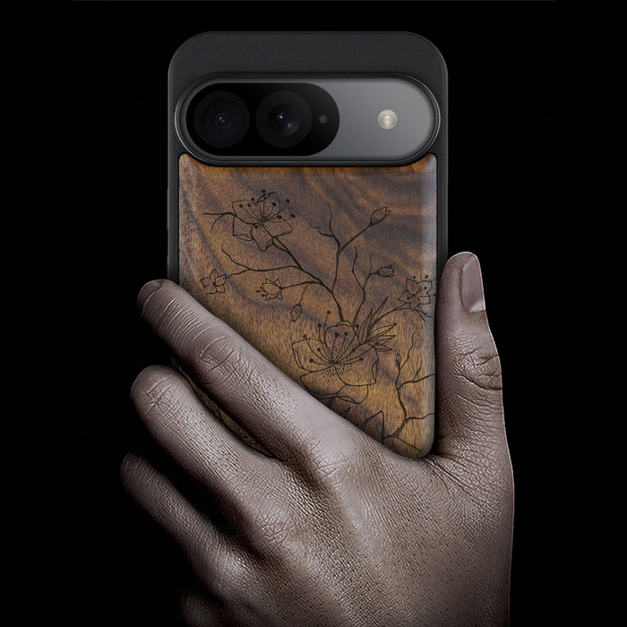 Sakura Sketch, Classic Engraved Wood & TPU Case - Artisanal Cover for Google Pixel