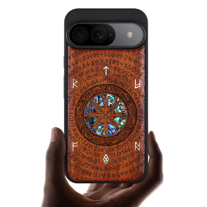 The Shield of Dragons and Awe, Hand-Inlaid Wood & Mother of Pearl Case - Artisanal Cover for Google Pixel