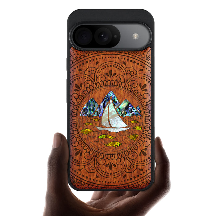 Oceanic Mandala Calm, Hand-Inlaid Wood & Mother of Pearl Case - Artisanal Cover for Google Pixel