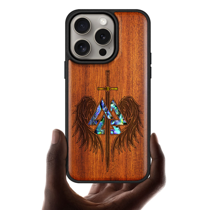 Wings of Valor Essence, Hand-Inlaid Wood & Mother of Pearl Case - Artisanal Cover for Apple iPhone