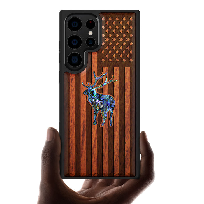 American Flag, Deer, Hand-Inlaid Wood & Mother of Pearl Case - Artisanal Cover for Samsung Galaxy