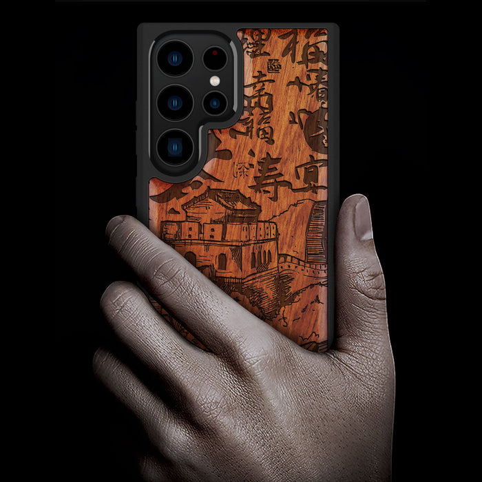 Hand Drawn Great Wall of China, Classic Engraved Wood & TPU Case - Artisanal Cover for Samsung Galaxy