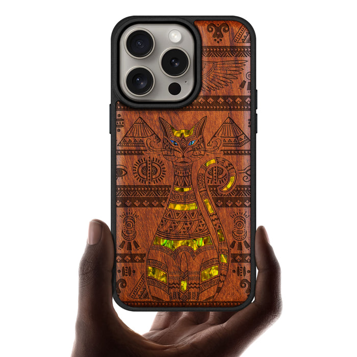 Eternal Watcher, Hand-Inlaid Wood & Mother of Pearl Case - Artisanal Cover for Apple iPhone