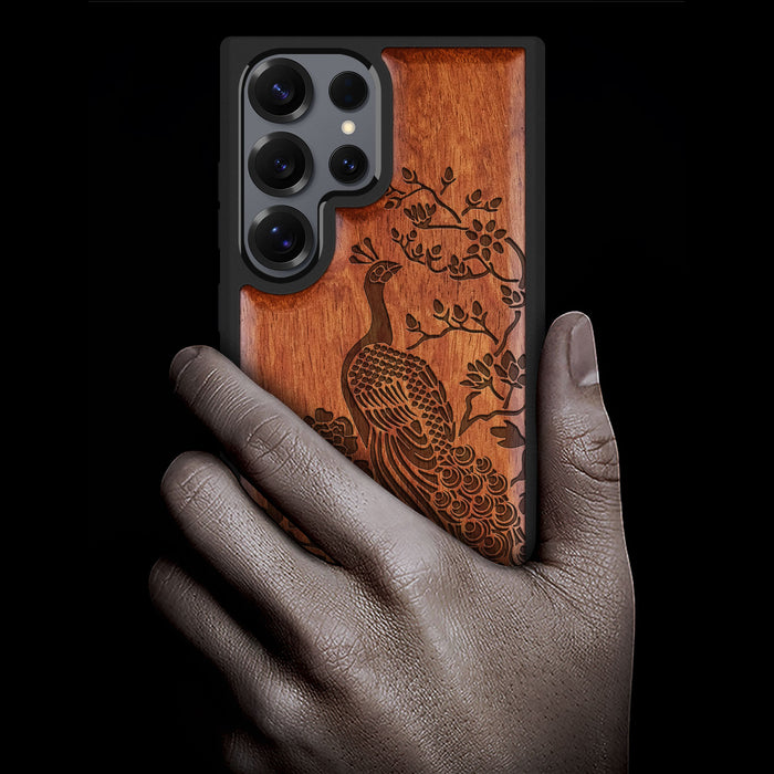 The Majestic Asian Peacock, Classic Engraved Wood & TPU Case - Artisanal Cover for Samsung Galaxy