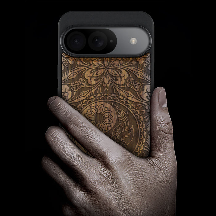 The Yin Yang Mandala, Classic Engraved Wood & TPU Case - Artisanal Cover for Google Pixel