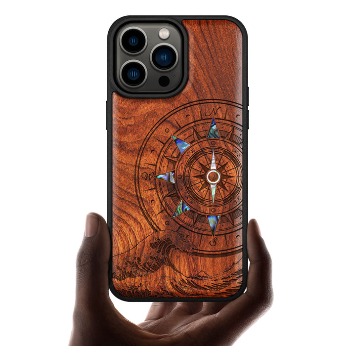 The Compass and the Wave, Hand-Inlaid Wood & Mother of Pearl Case - Artisanal Cover for Apple iPhone