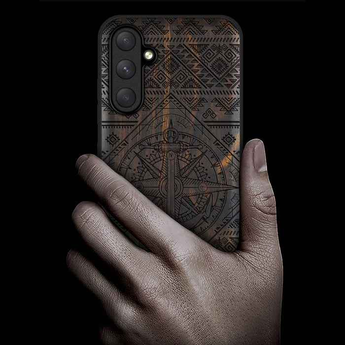 Nautical Ensemble Amidst Zendoodle Geometry, Classic Engraved Wood & TPU Case - Artisanal Cover for Samsung Galaxy