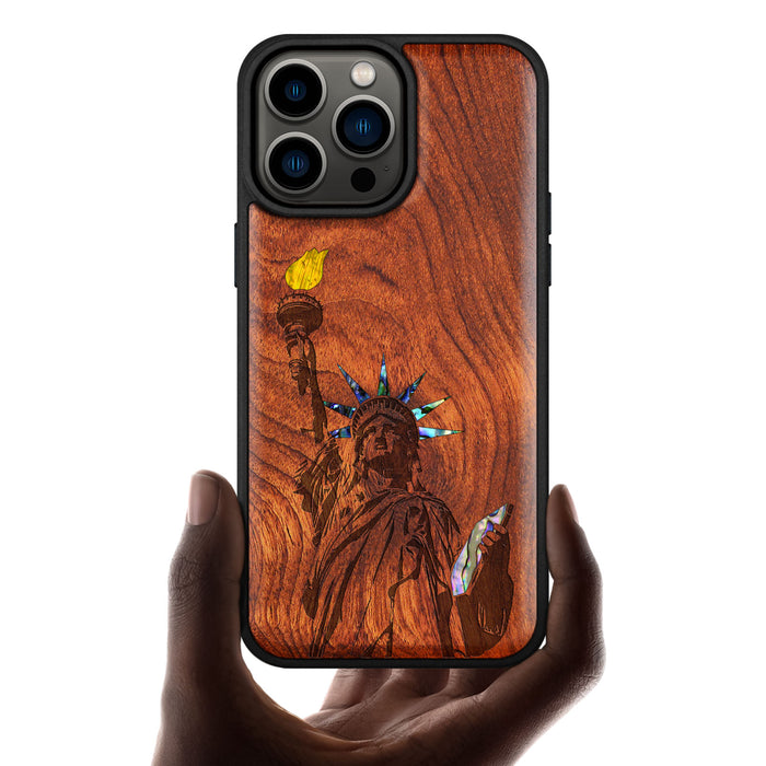 Statue of Liberty, Hand-Inlaid Wood & Mother of Pearl Case - Artisanal Cover for Apple iPhone