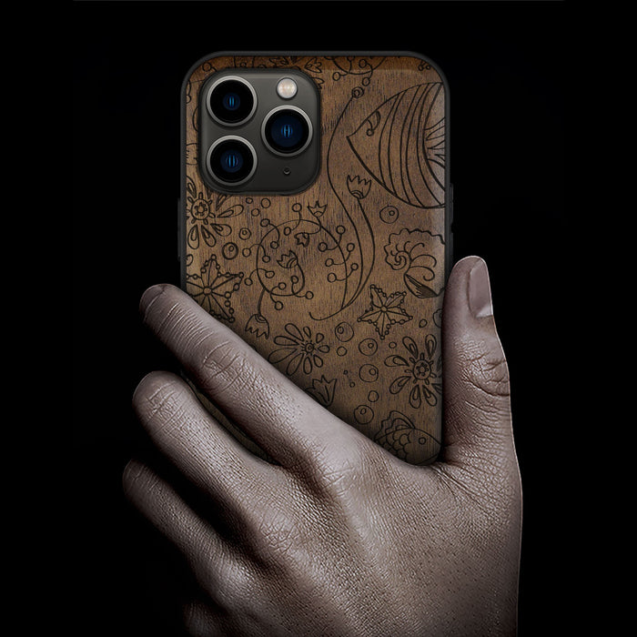 Seamless Linework of Oceanic Life, Classic Engraved Wood & TPU Case - Artisanal Cover for Apple iPhone