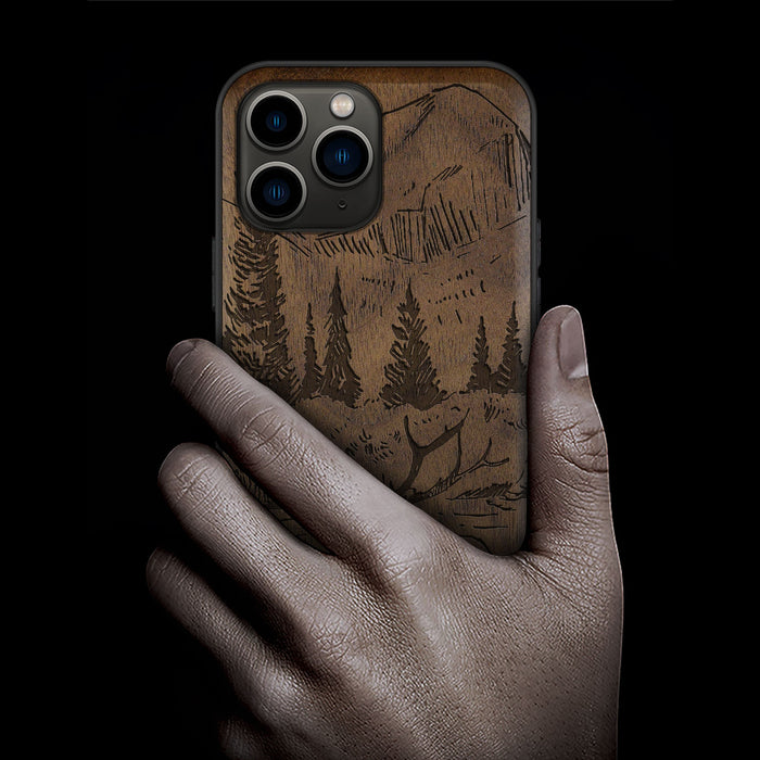 An Enthralling Natural Landscape Illustration, Classic Engraved Wood & TPU Case - Artisanal Cover for Apple iPhone