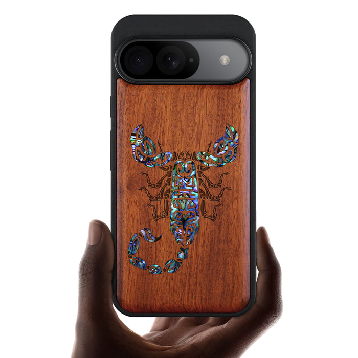 The Tribal Scorpion, Hand-Inlaid Wood & Mother of Pearl Case - Artisanal Cover for Google Pixel