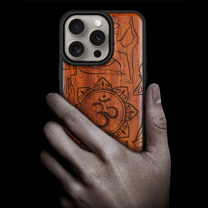 The Yoga Essence, Classic Engraved Wood & TPU Case - Artisanal Cover for Apple iPhone