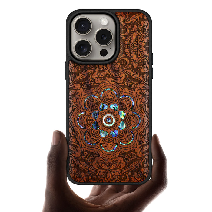 Ethereal Bloom Mandala, Hand-Inlaid Wood & Mother of Pearl Case - Artisanal Cover for Apple iPhone