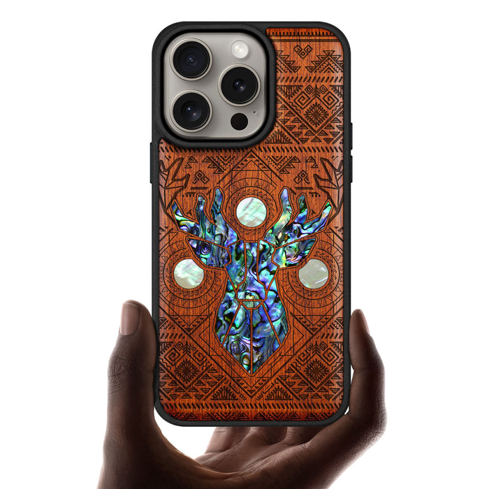 Aztec Geometric Deer, Hand-Inlaid Wood & Mother of Pearl Case - Artisanal Cover for Apple iPhone