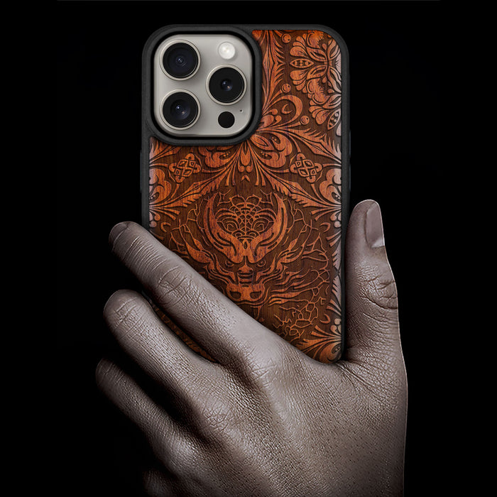 The Dragon's Gaze Mandala, Classic Engraved Wood & TPU Case - Artisanal Cover for Apple iPhone