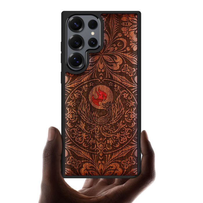 Phoenix in Symmetry, Hand-Inlaid Wood & Mother of Pearl Case - Artisanal Cover for Samsung Galaxy