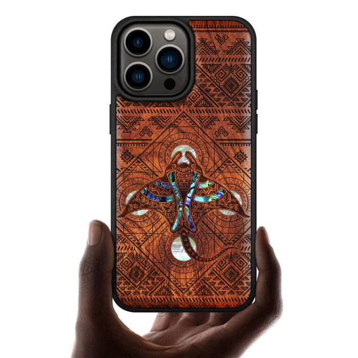 The Tribal Manta Ray, Hand-Inlaid Wood & Mother of Pearl Case - Artisanal Cover for Apple iPhone