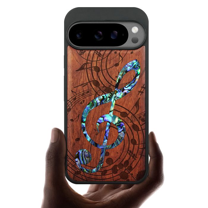 The Grand Clef and Musical Notes, Hand-Inlaid Wood & Mother of Pearl Case - Artisanal Cover for Google Pixel