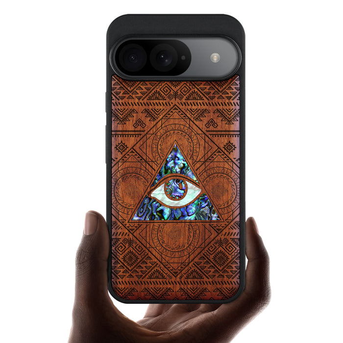 The All-Seeing Eye, Hand-Inlaid Wood & Mother of Pearl Case - Artisanal Cover for Google Pixel