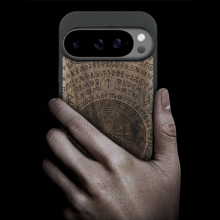 Mjölnir and the Runes, Classic Engraved Wood & TPU Case - Artisanal Cover for Google Pixel