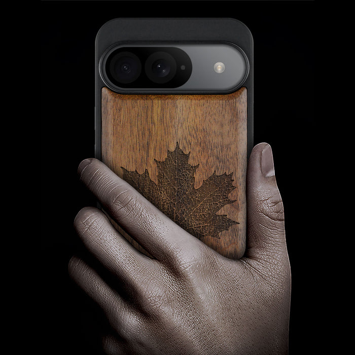 Intricate Maple Leaf Sketch, Classic Engraved Wood & TPU Case - Artisanal Cover for Google Pixel